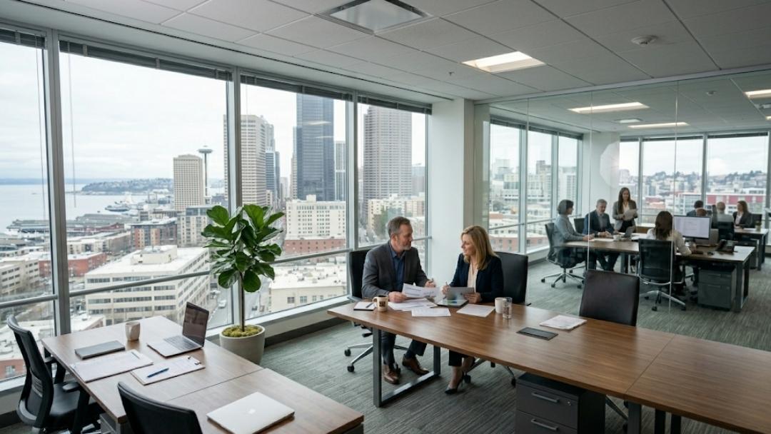 Business owner consulting a financial advisor in a modern high-rise office, highlighting what smart owners do before they exit and sell their business.