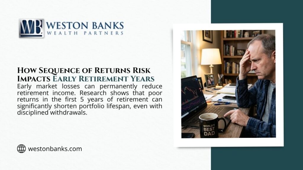 Worried retiree watching declining stock charts on laptop at home office — how sequence of returns risk impacts early retirement years and portfolio lifespan.