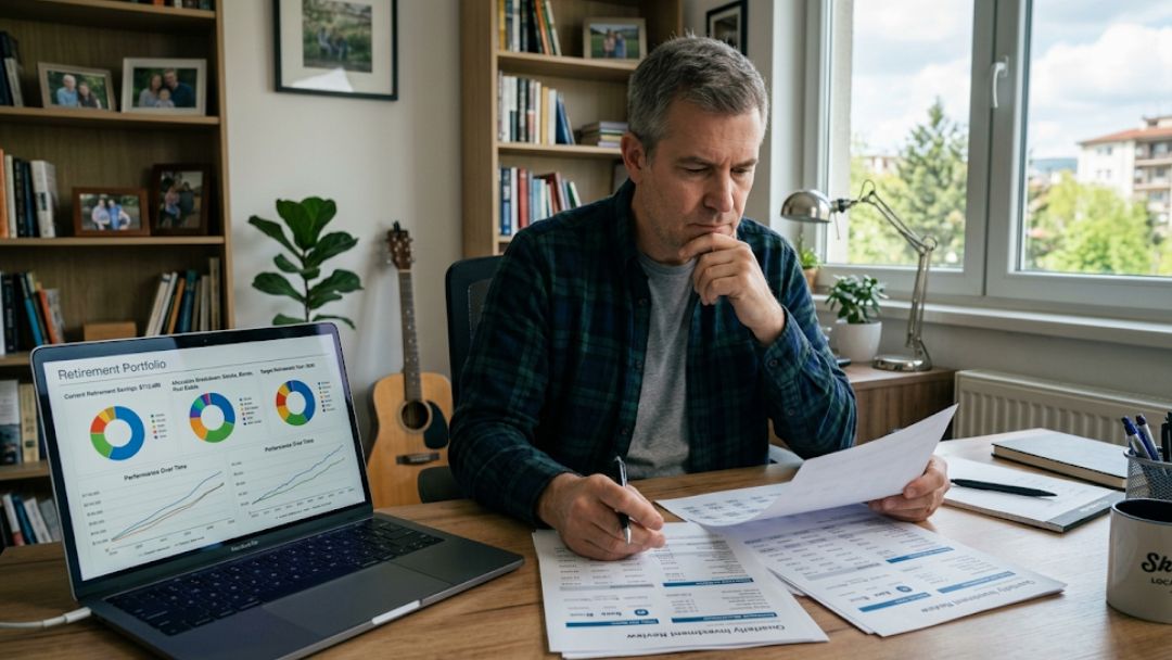 Man reviewing retirement portfolio charts and investment statements at home office desk — how to build multiple income streams for retirement 2026 guide.