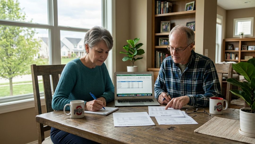Retired couple reviewing income spreadsheet and financial documents at home — how to create a retirement income plan that lasts 30 years, 2026 guide.