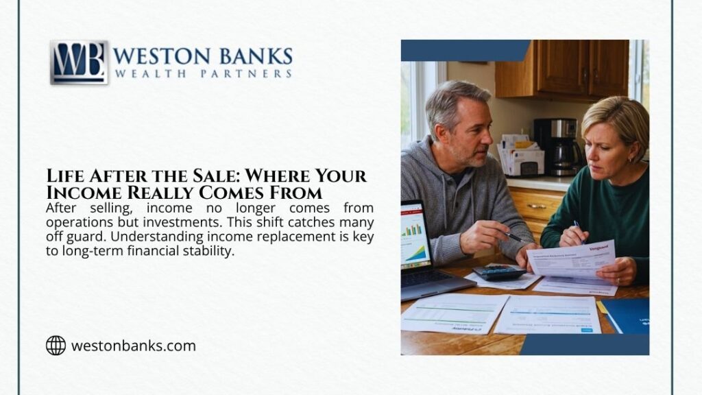 Couple reviewing investment statements and financial documents at home, representing life after the sale and understanding where income really comes from.