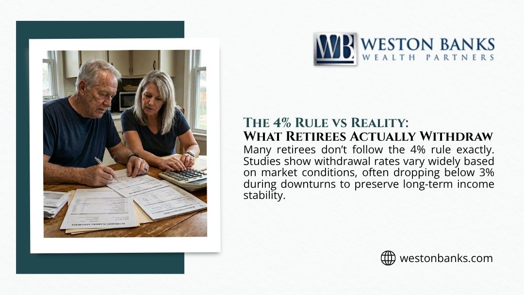 Retired couple reviewing financial statements and calculator at kitchen table — the 4% rule vs reality and what retirees actually withdraw during downturns.