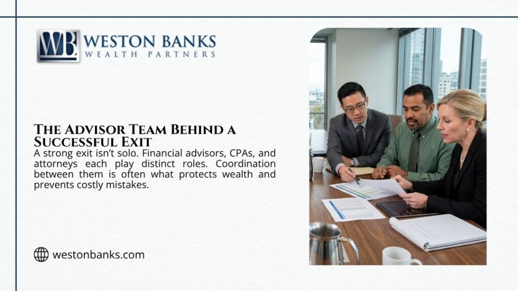 Three financial advisors reviewing documents together in a boardroom, representing the coordinated advisor team behind a successful business exit strategy.