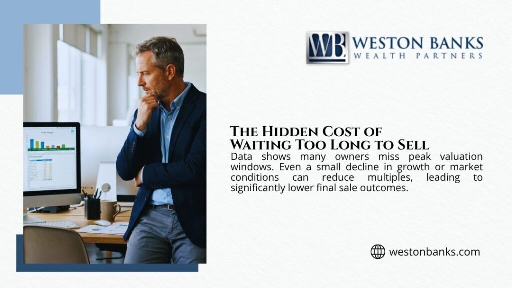 Thoughtful business owner staring at financial charts on a monitor, reflecting on the hidden cost of waiting too long to sell and missing peak valuation windows.