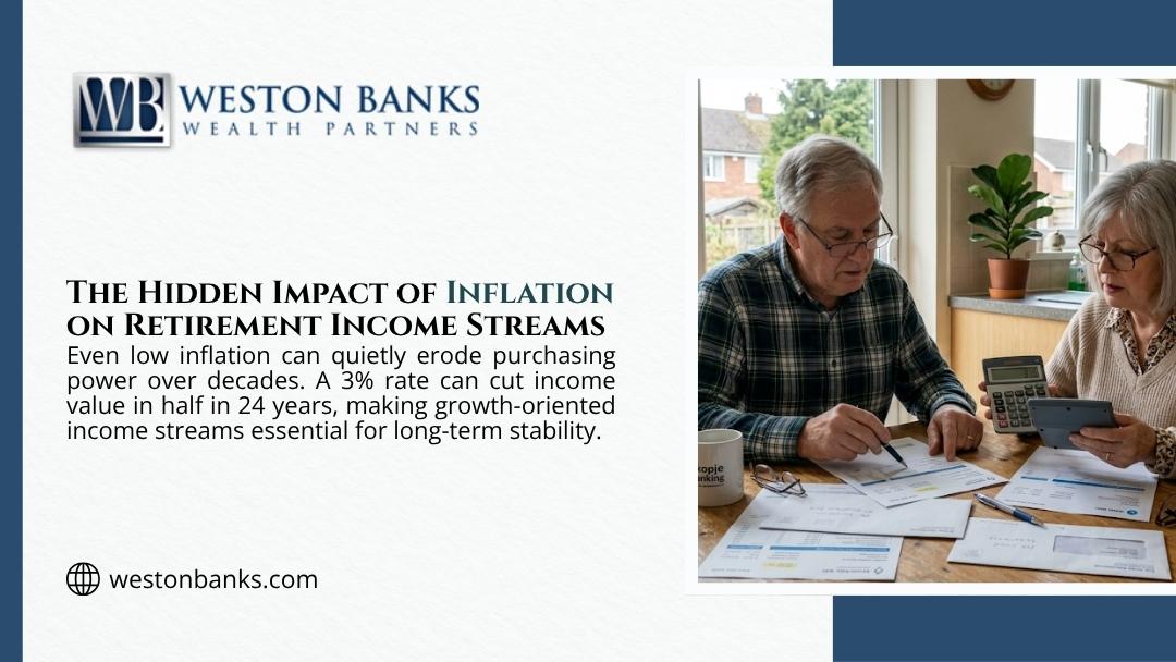 Retired couple calculating bills and financial documents at kitchen table — the hidden impact of inflation on retirement income streams eroding purchasing power.