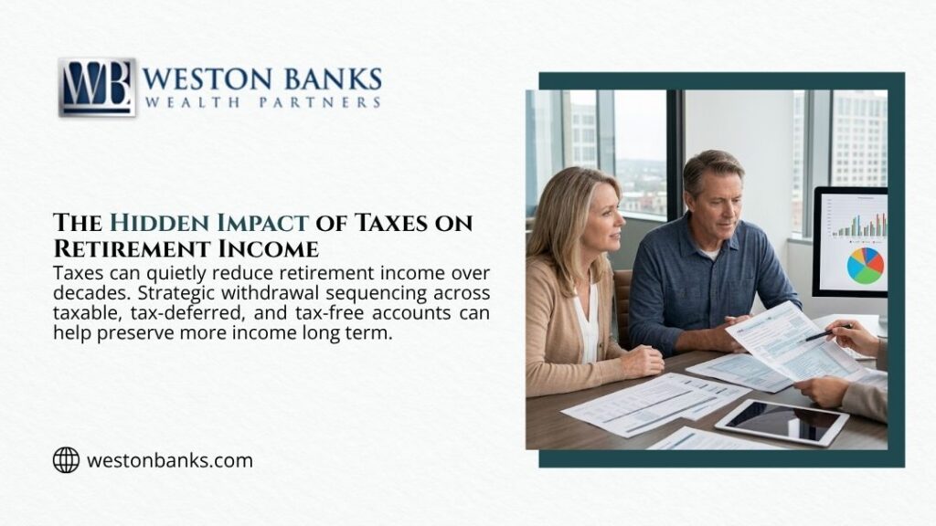 Couple reviewing tax documents with financial advisor and portfolio charts — the hidden impact of taxes on retirement income and strategic withdrawal sequencing.