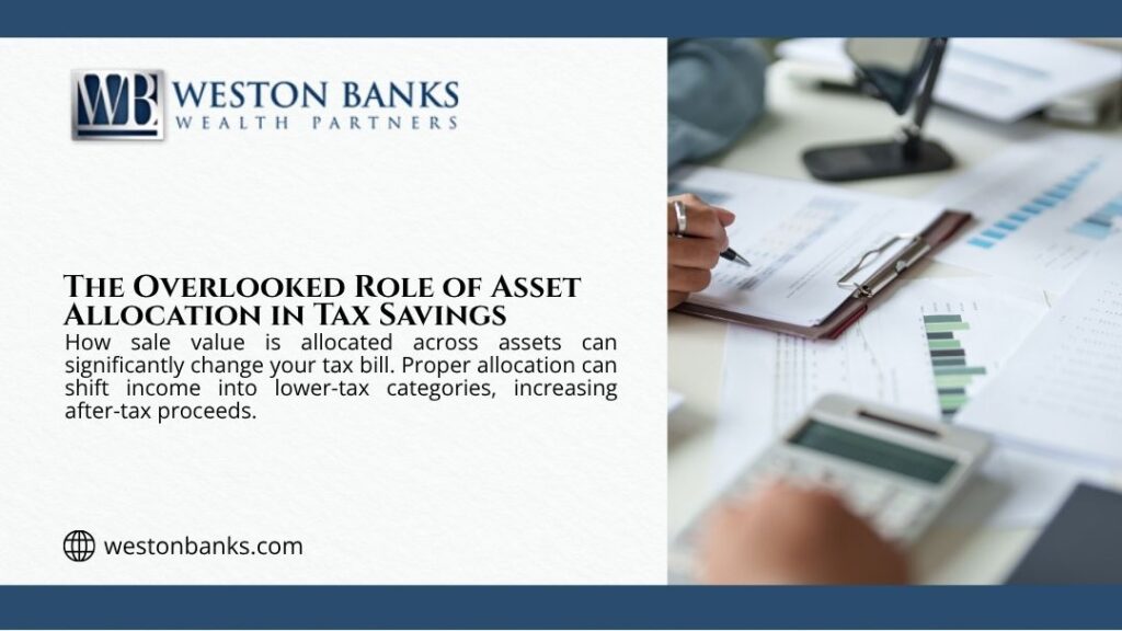 Person signing financial documents beside a calculator and charts, highlighting the overlooked role of asset allocation in maximizing tax savings on a business sale.