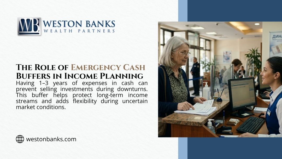 Senior woman conducting transaction at bank teller window — the role of emergency cash buffers in retirement income planning during market downturns.
