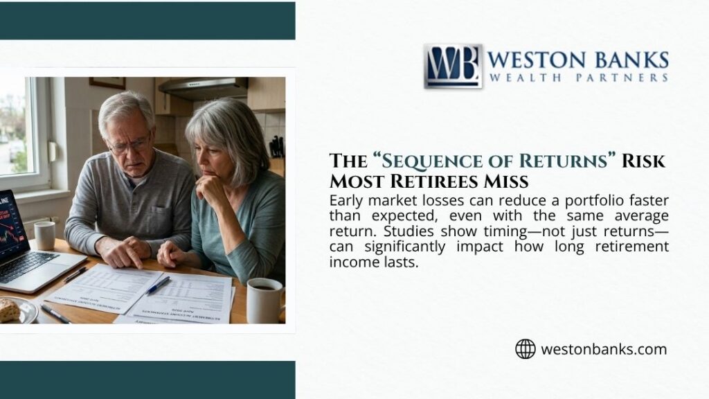 Concerned retired couple reviewing declining portfolio on laptop at kitchen table — the sequence of returns risk most retirees miss impacting income longevity.
