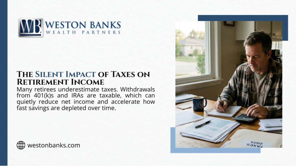 Retiree calculating 2025 tax documents at home desk — the silent impact of taxes on retirement income from 401k and IRA withdrawals depleting savings faster.