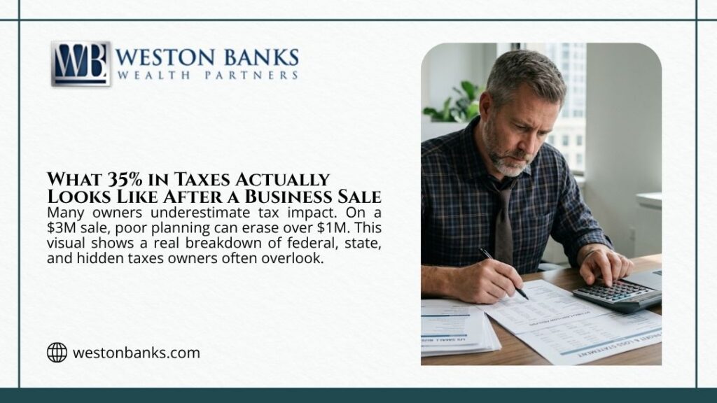 Man calculating figures on tax documents, illustrating what 35% in taxes actually looks like after a business sale and the hidden costs owners overlook.