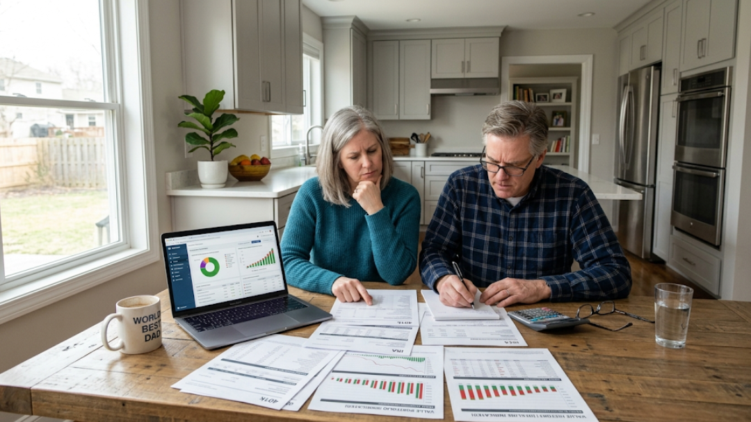 Couple reviewing IRA and 401k portfolio documents at kitchen table — what is the biggest risk to retirement savings, real answers and solutions.