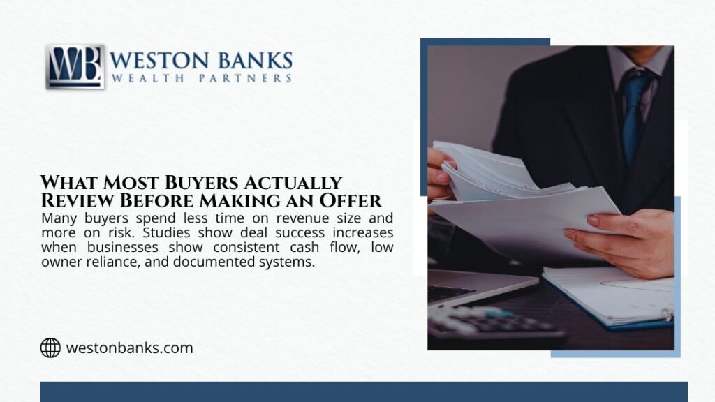 Businessman flipping through a stack of documents, representing what most buyers actually review before making an offer, including cash flow and documented systems.