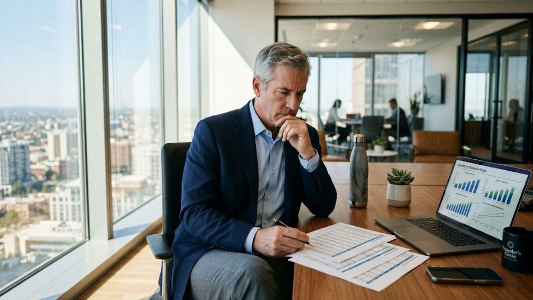 Senior business owner reviewing financial documents and quarterly charts in a high-rise office, contemplating when to start planning to sell his business.