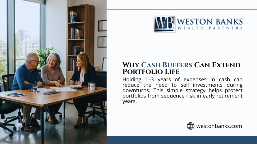 Retired couple smiling with financial advisor in bright office — why cash buffers can extend portfolio life by reducing sequence risk in early retirement.