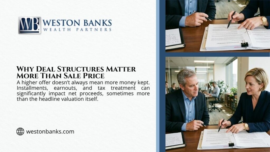 Professionals signing and reviewing contracts, illustrating why deal structures including installments and earnouts matter more than sale price alone.
