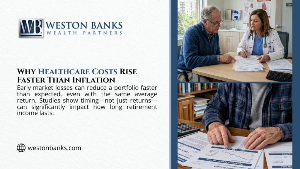Senior at doctor's visit and reviewing retirement portfolio statements — why healthcare costs rise faster than inflation threatening retiree financial plans.