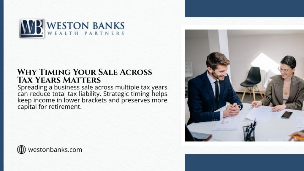 Advisor and client reviewing sale documents together, illustrating why timing your sale across tax years matters for reducing liability and preserving retirement capital.