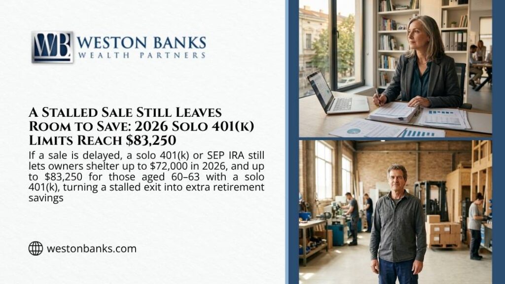 Business owners at work reviewing finances and standing in a workshop, illustrating how 2026 solo 401(k) limits reach $83,250 for a stalled sale.
