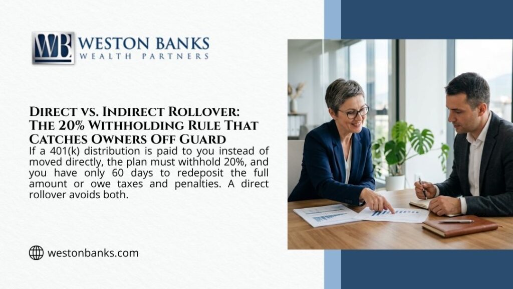 Financial advisor reviewing charts with a client at a desk, explaining direct vs. indirect 401(k) rollover and the 20% withholding rule.