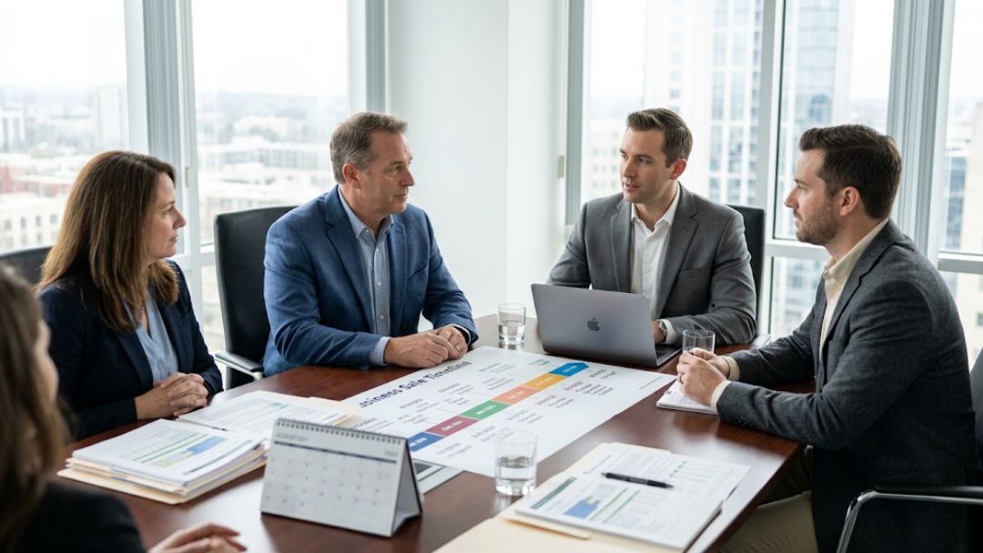 Business team reviewing a sale timeline chart and documents during a meeting at a conference table, with headline "How Long Does It Take to Sell a Small Business: A Step-by-Step Look at the Sale Timeline".