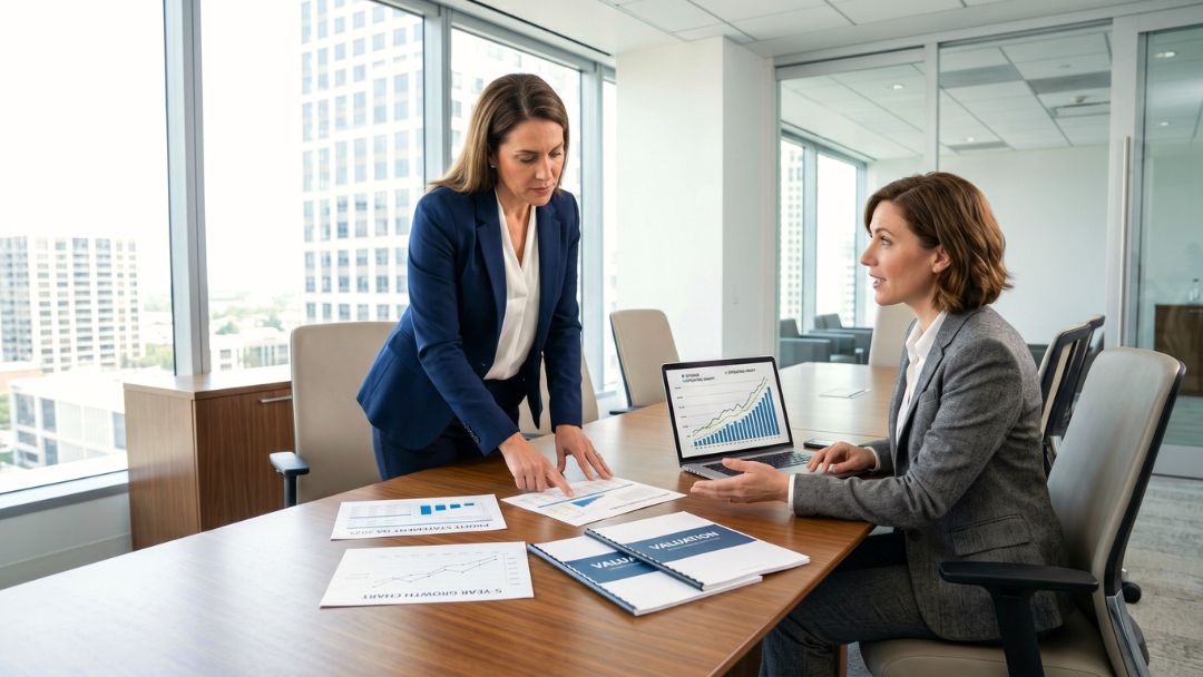 A business owner and a financial advisor reviewing financial charts and valuation documents, with focus on how to increase the value of your business before selling it.