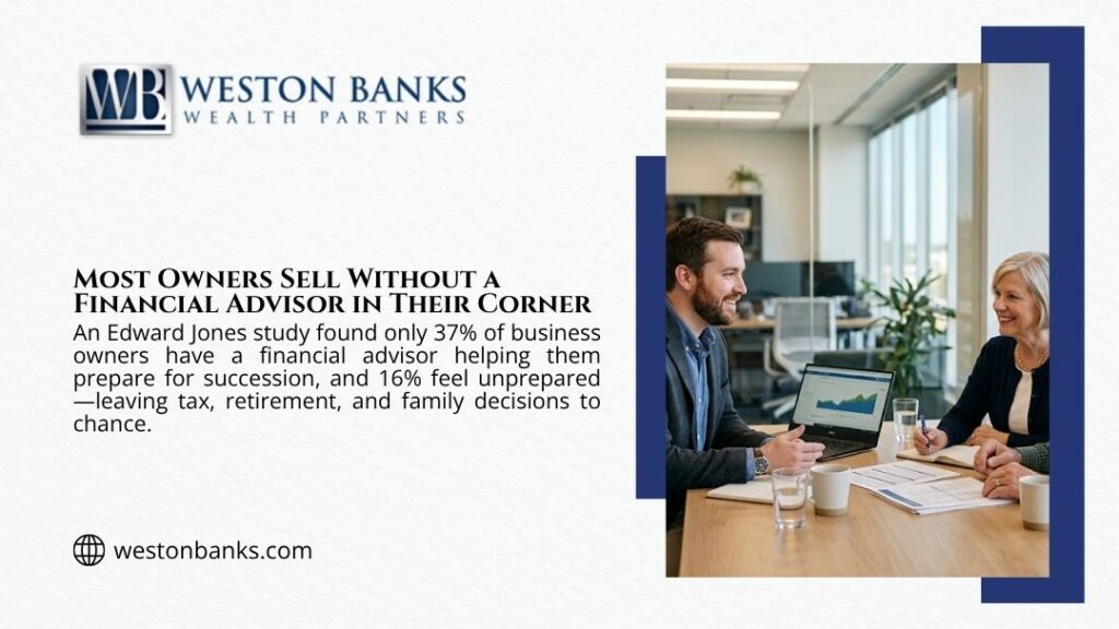 Financial advisor for business succession graphic by Weston Banks showing two people meeting at a desk with a laptop and documents in an office