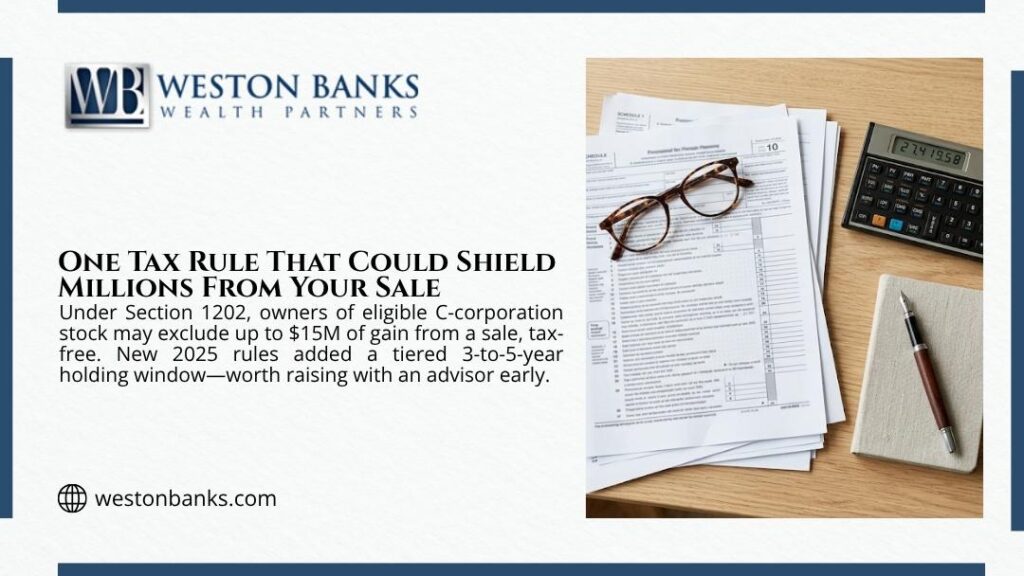 Section 1202 capital gains exclusion graphic by Weston Banks showing tax forms, a calculator, glasses and a pen on a desk