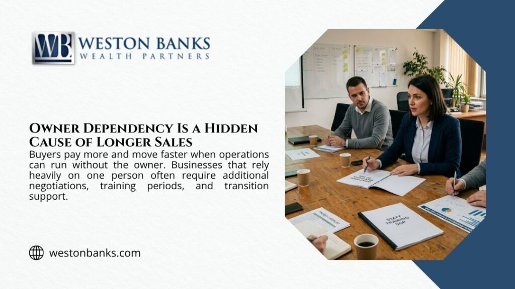 Professionals in a meeting reviewing documents at a conference table, with headline "Owner Dependency Is a Hidden Cause of Longer Sales" by Weston Banks.