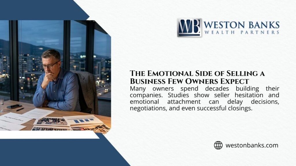 Thoughtful man with glasses sitting at desk overlooking city skyline at night, with headline "The Emotional Side of Selling a Business Few Owners Expect" by Weston Banks