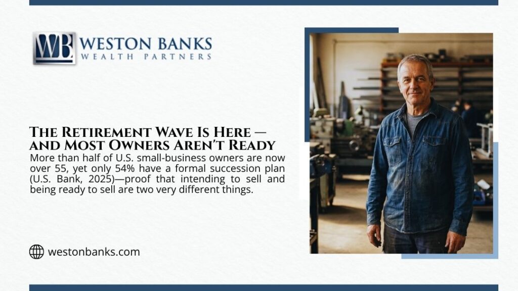 Small-business owner succession plan graphic by Weston Banks showing an older business owner standing in his workshop or machine shop