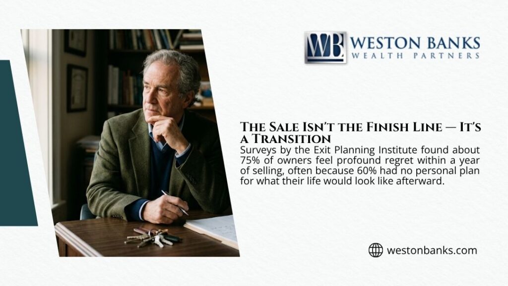 Thoughtful older business owner sitting pensively at his desk, illustrating how a business sale is a transition that brings regret without a personal plan.