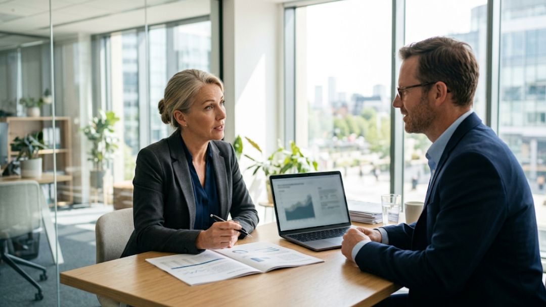 Business owner asking a financial advisor questions about selling a business during a meeting with a laptop and financial charts in an office