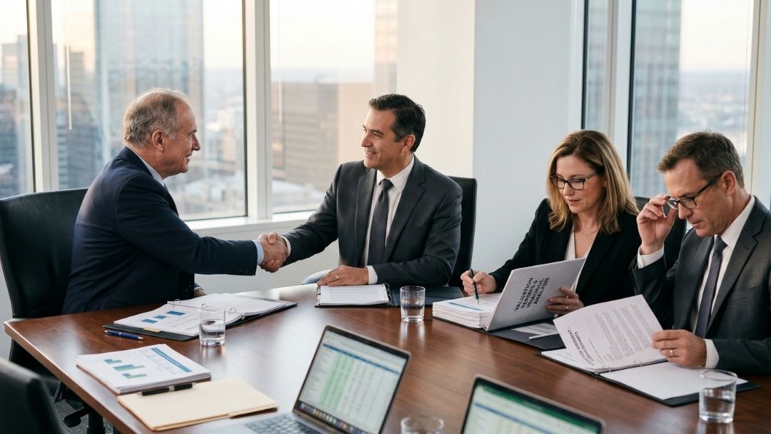 Business professionals shaking hands and reviewing documents around a conference table during a meeting, with headline "What to Expect During the Business Sale Process: Key Stages, Timelines, and Next Steps".