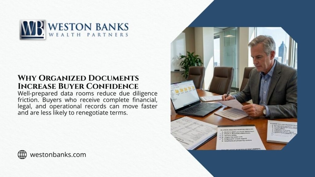 Professional man in suit reviewing organized documents and laptop at office desk, with headline "Why Organized Documents Increase Buyer Confidence" by Weston Banks.