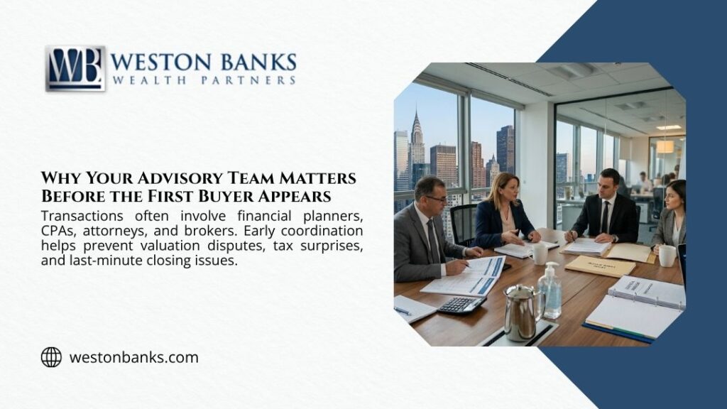 Group of professionals in business attire discussing documents around a conference table, with headline "Why Your Advisory Team Matters Before the First Buyer Appears" by Weston Banks.