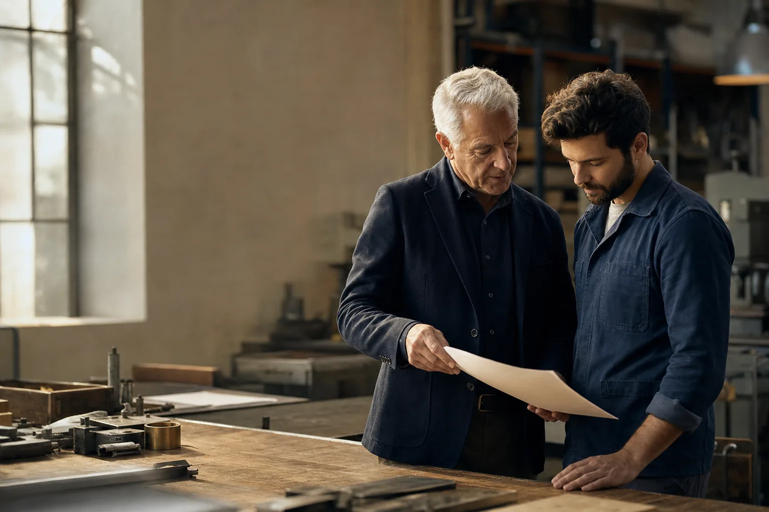 Business owner and key employee reviewing documents together in a warmly lit workspace
