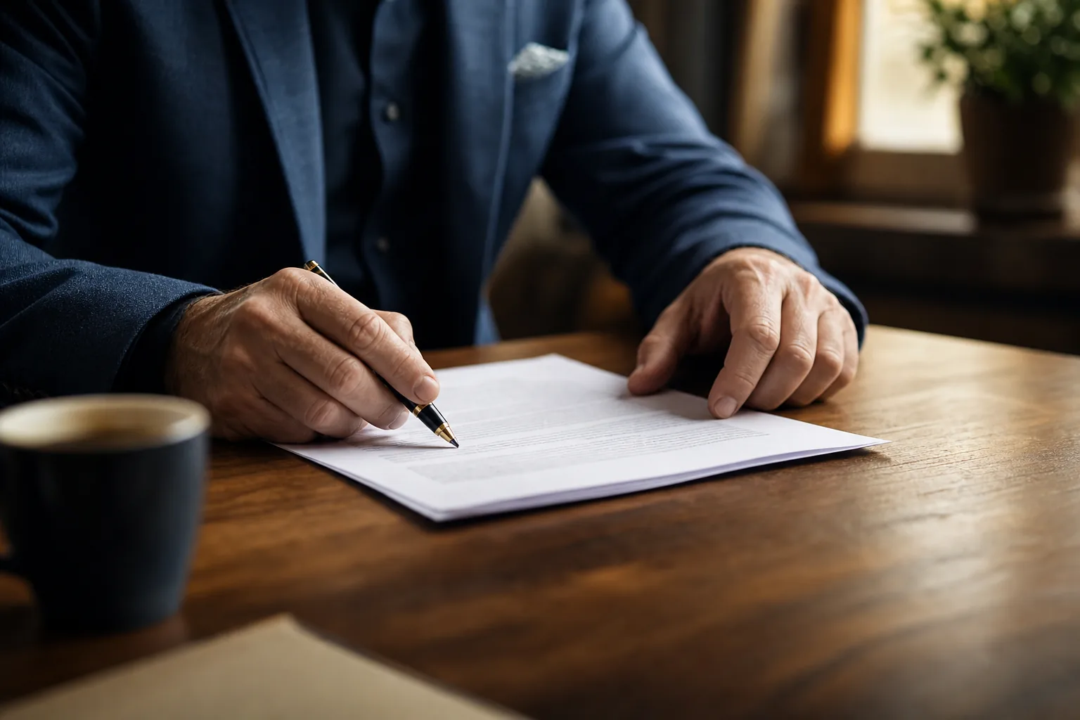 Close-up of a business owner's hands reviewing an ownership document at a table, deciding whether they need a buy-sell agreement