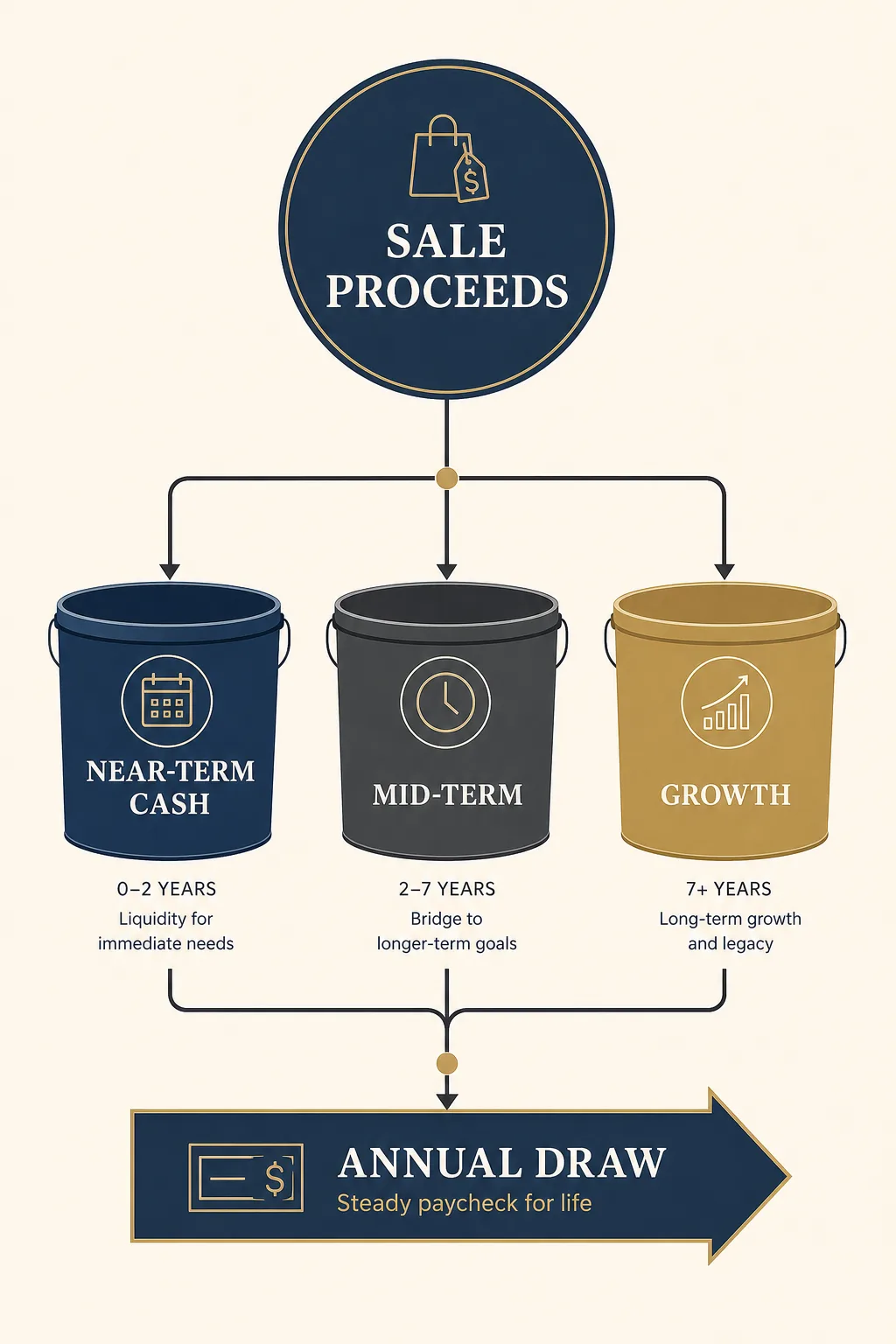 Diagram showing sale proceeds divided into near-term, mid-term and growth buckets that fund a steady annual withdrawal
