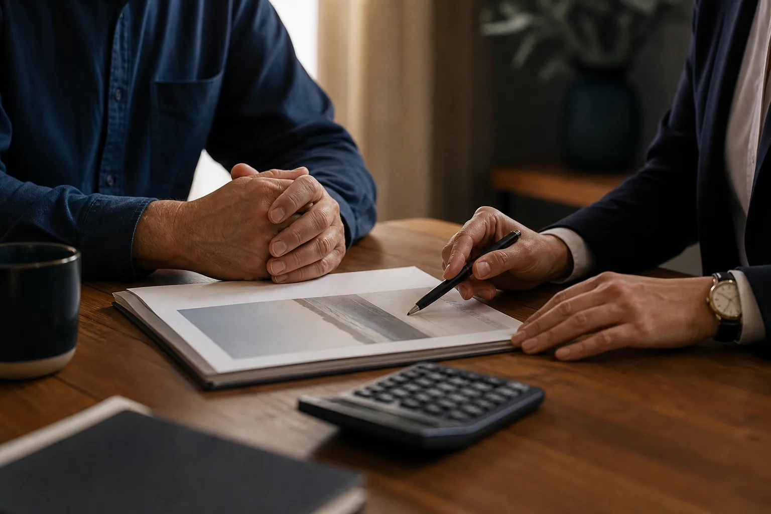 Hands of a business owner and advisor reviewing tax and valuation documents at a table