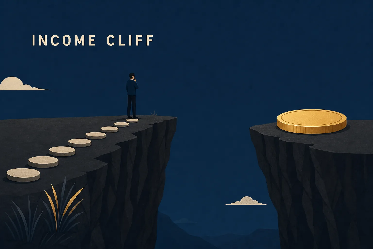 Illustration of an income cliff where steady business distributions end abruptly at a one-time lump sum