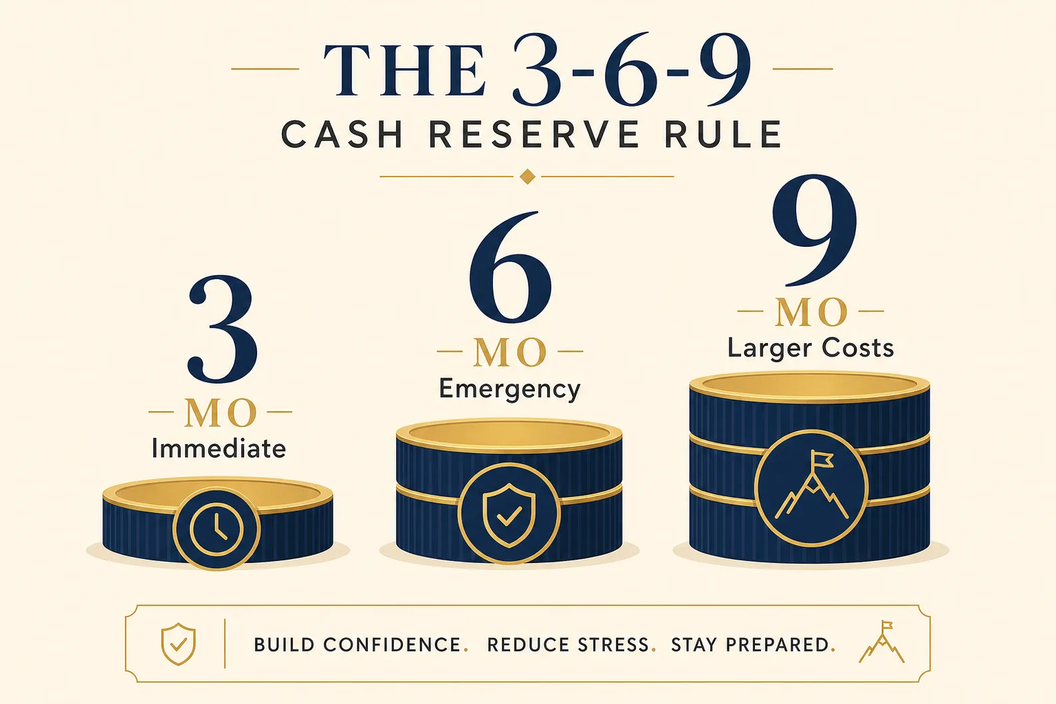 Infographic explaining the 3-6-9 cash reserve rule with three, six, and nine months of expenses