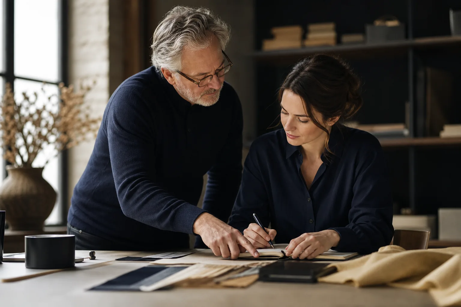 A parent mentors their adult child at a workbench, preparing the successor to take over the family business