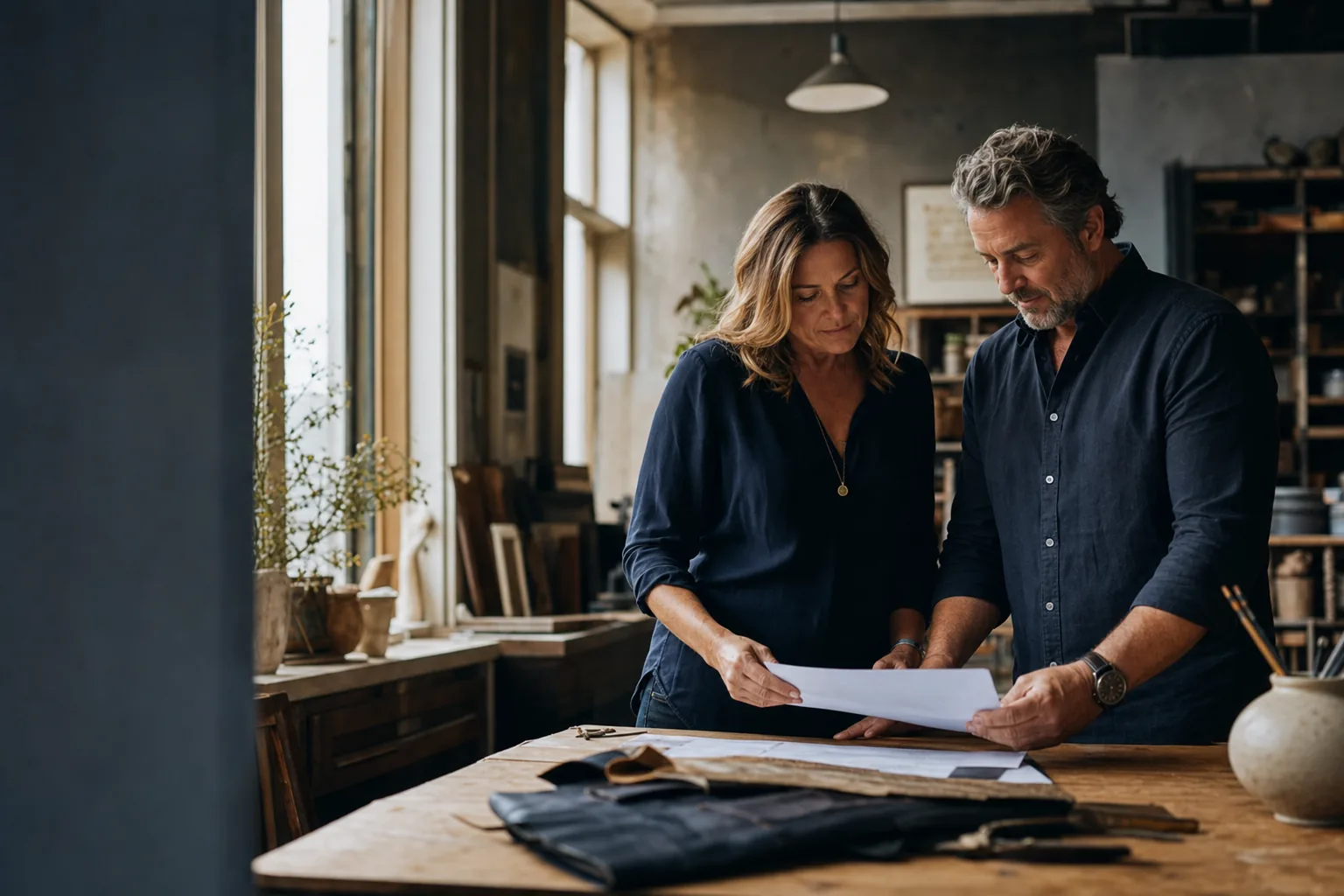 Two small-business co-owners reviewing a document together in their workspace, lit by soft natural window light